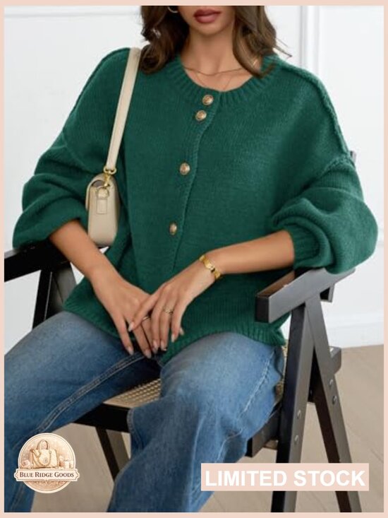 Oversized Chunky Knit Cardigan Lantern Sleeve Button Up Soft Cozy Fall Sweater - Picture 4 of 7